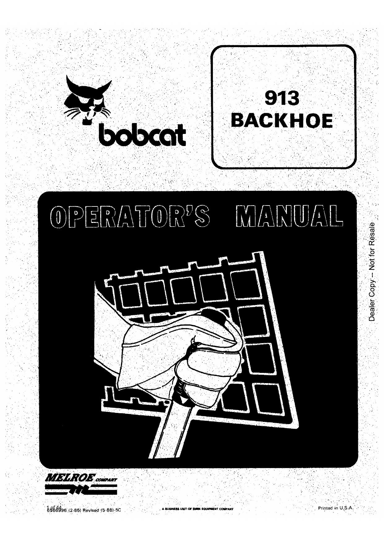 913 BACKHOE Operation & Maintenance Manual Bobcat